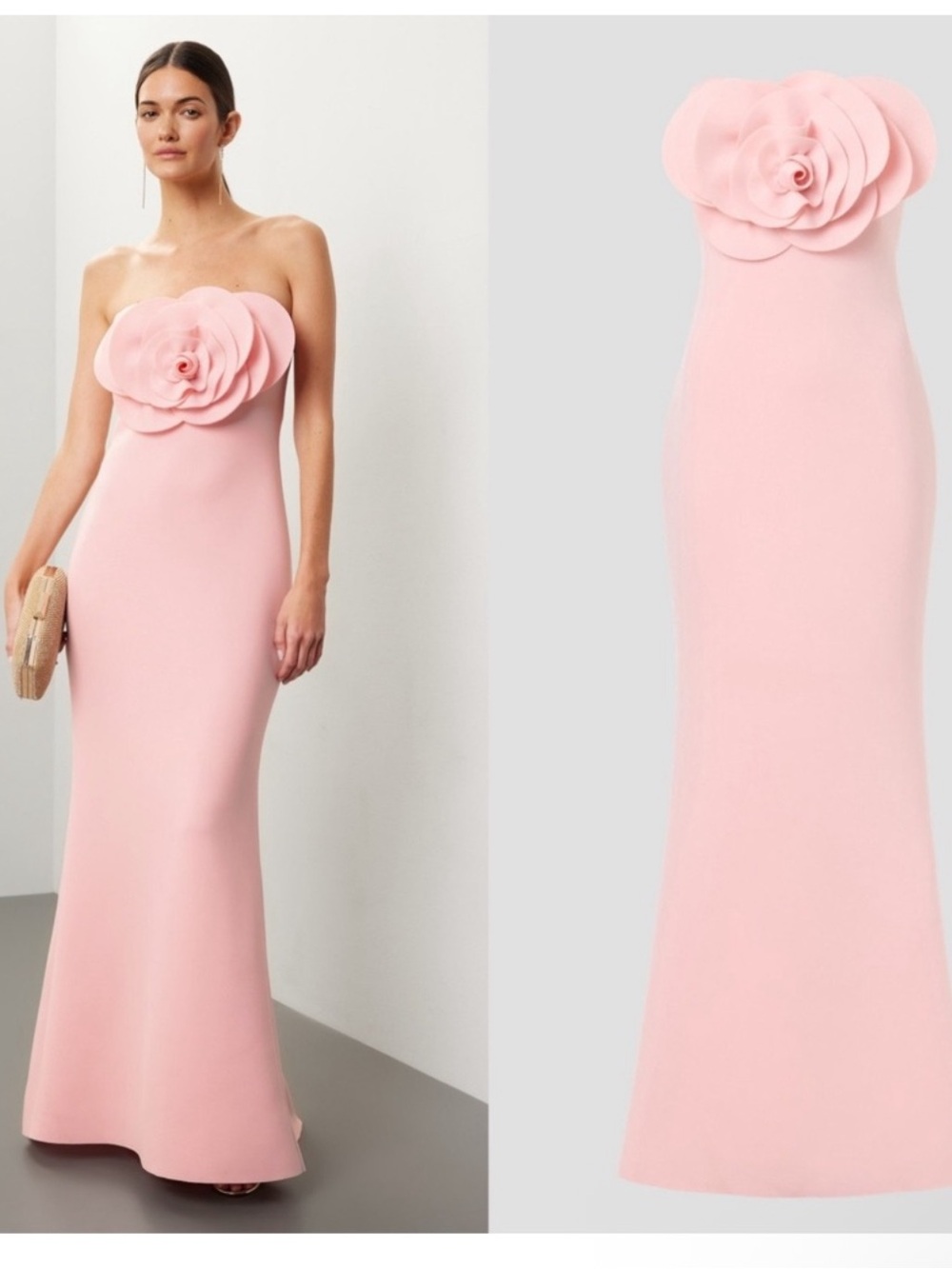 Badgley Mischka Strapless Pink Maxi Gown with Floral Appliqué 10